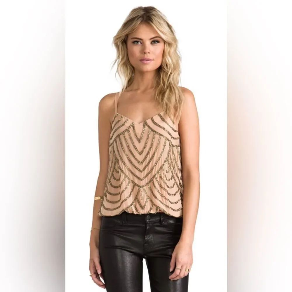 Karina Grimaldi 100% silk Elegant Beige beaded Top, XS